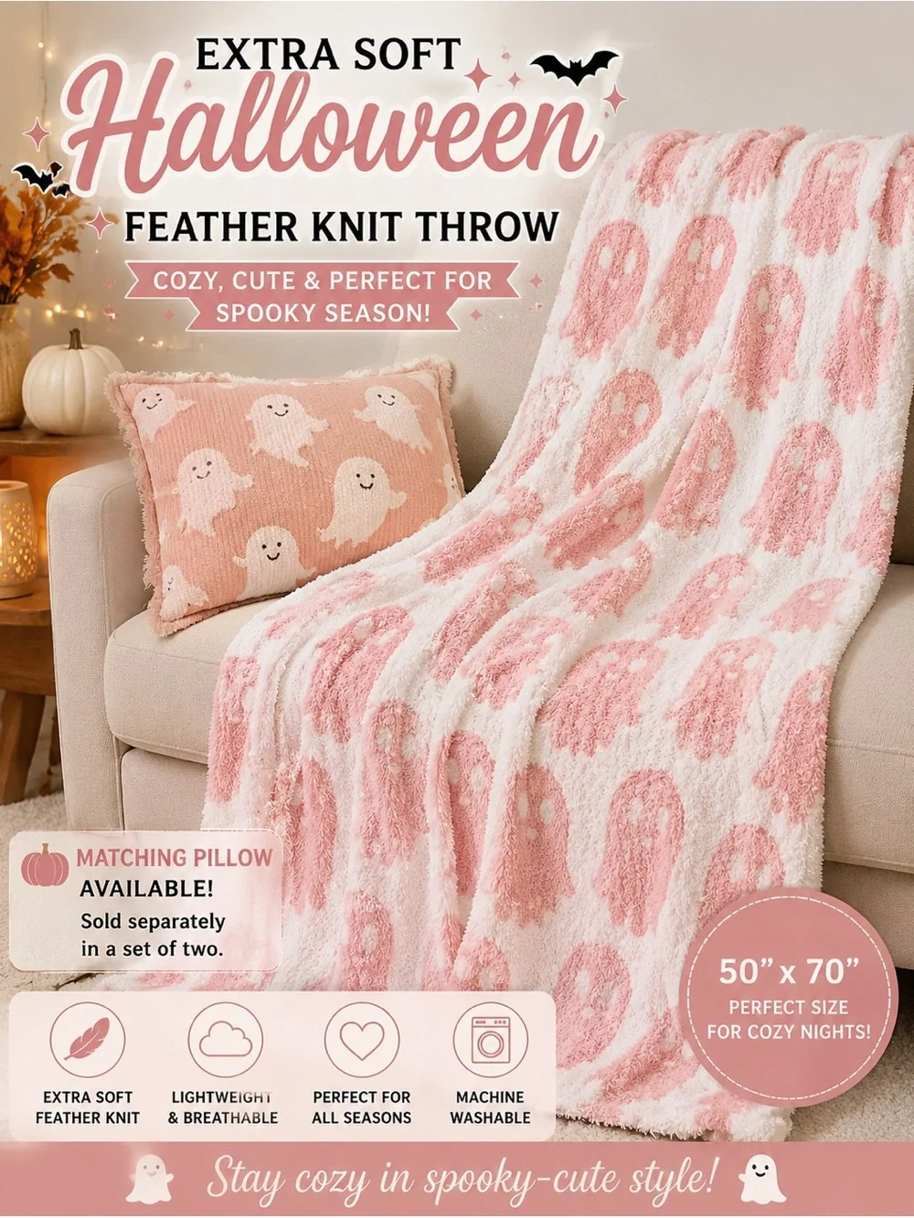 Halloween Ghost Feather Knit Throw Blanket - Pink & White -